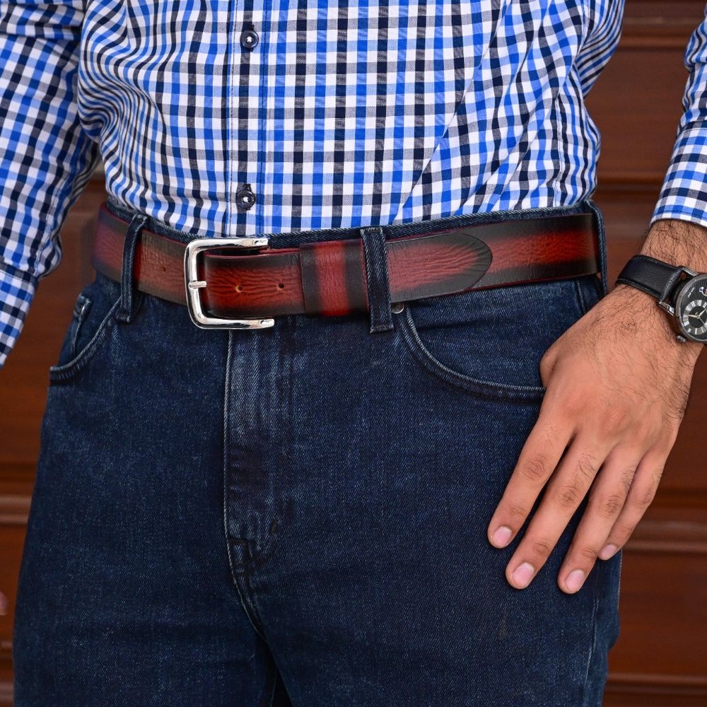 Full Grain Men's Vintage Sun Maroon Buffalo Leather Belt Free Personalization - Picture 8 of 14
